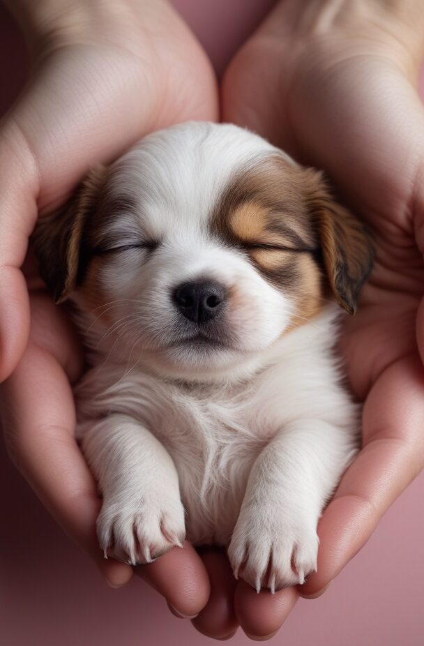 Newborn puppy barely opening eyes – nurturing the first 24 hours.