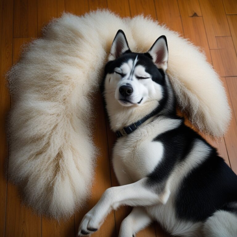 Siberian Husky lying beside a pile of shed fur after grooming.