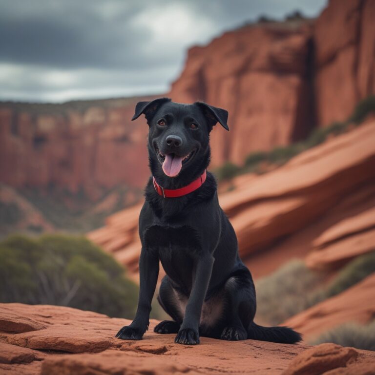 Black dog sitting on the ground near a canyon