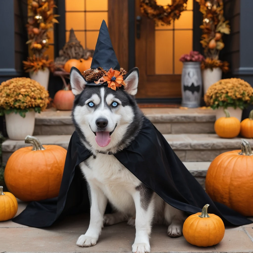 Husky dog dressed in a witch costume with a broomstick and a Halloween pumpkin in the foreground.