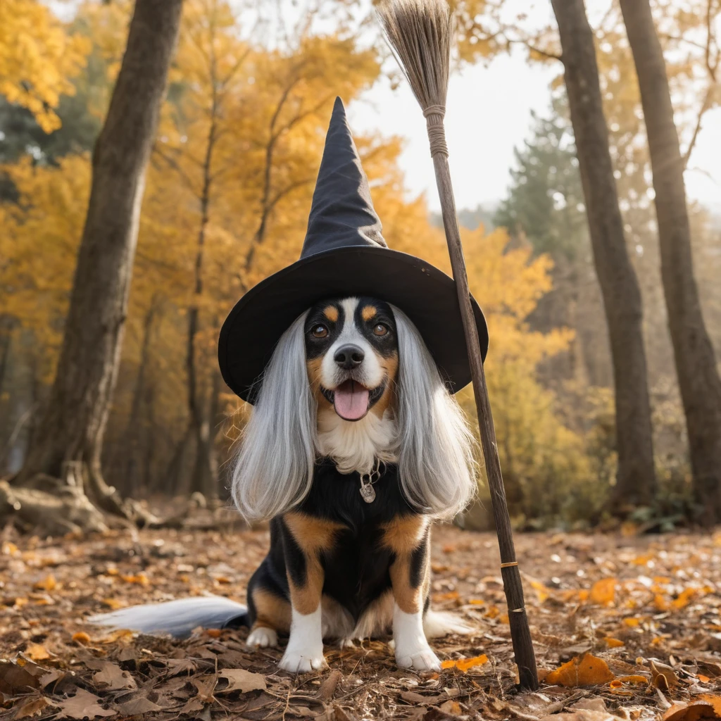 Small dog wearing a tiny witch hat, lying on a fluffy white fur blanket with a spooky spider web backdrop