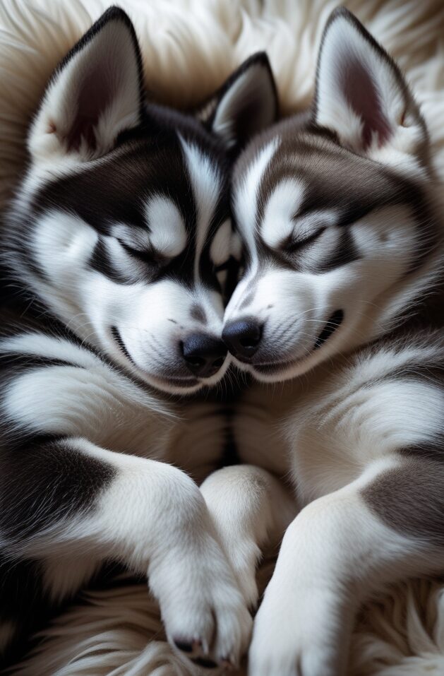 Two newborn puppies lying together, touching each other’s noses, demonstrating the initial bonding process