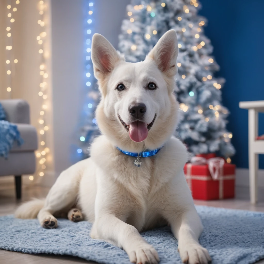 White Swiss German Shepherd standing proudly in a room with soft blue lighting, creating a calm and magical vibe.