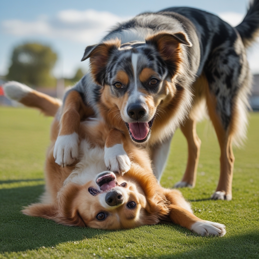 Dogs biting each other’s legs as a sign of affection.